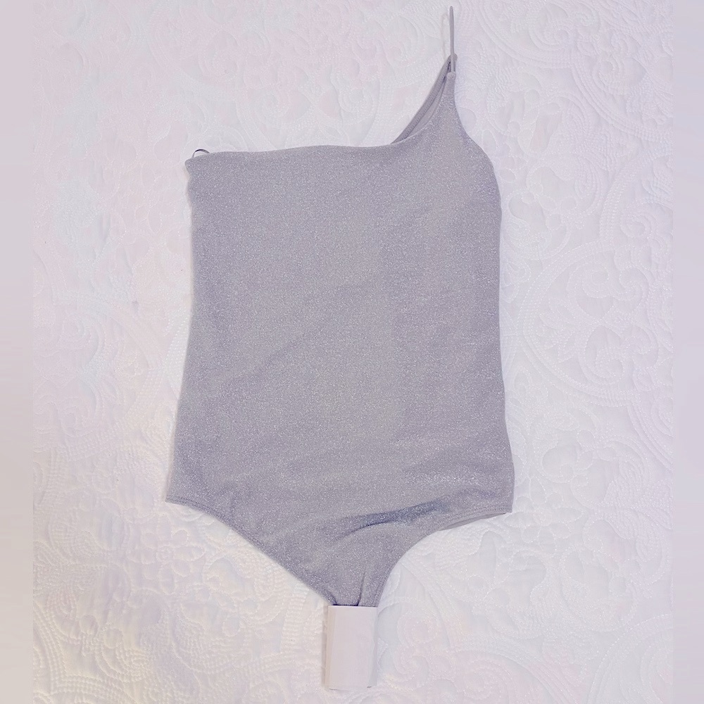 Express Women’s One-Shoulder Shimmer Grey Bodysuit